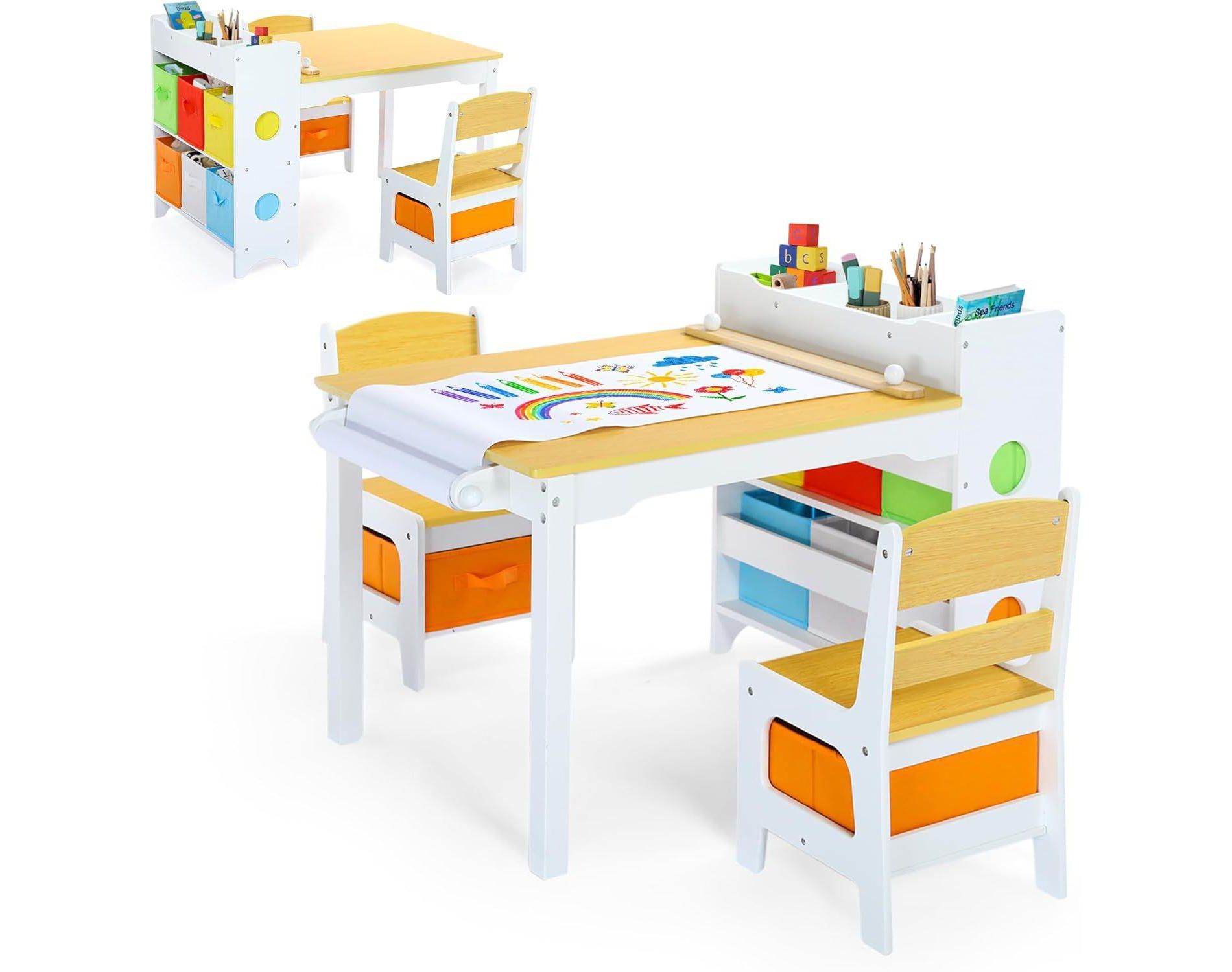 Kinder King Kids Table and Chair Set with Storage – Toddler Activity Desk with 8 Bins & Paper Roll for Drawing, Reading, Crafts & Snacks