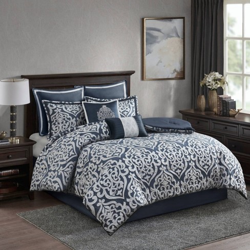 Beautiful Textured Blue 6-8pc Hudson Comforter Set 