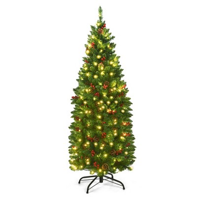 Costway 4.5Ft Pre-lit Hinged Pencil Christmas Tree w/Pine Cones Red Berries & 150 Lights