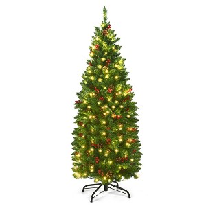 Costway 4.5Ft\6.5Ft\7.5Ft Pre-lit Hinged Pencil Christmas Tree w/Pine Cones Red Berries & 150\250\350 Lights - 1 of 4