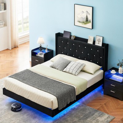 Flannel Upholstered Floating Bed Frame with LED Light, Storage Headboard, Noise Free Sturdy Metal Structure Platform