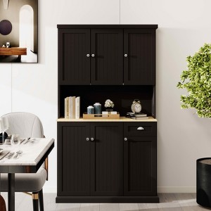 MAYEERTY Black 71" Kitchen Pantry Cabinet, Microwave Countertop Design 6 Doors 1 Drawer Adjustable Shelves - 1 of 4