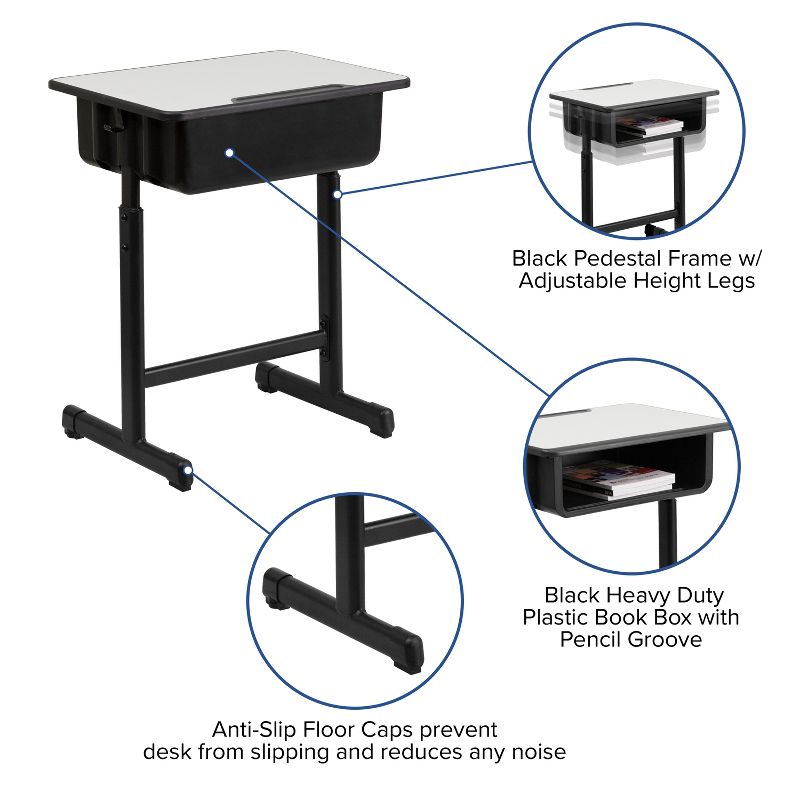 Flash Furniture Student Desk with Grey Top and Adjustable Height Black Pedestal Frame, 5 of 13