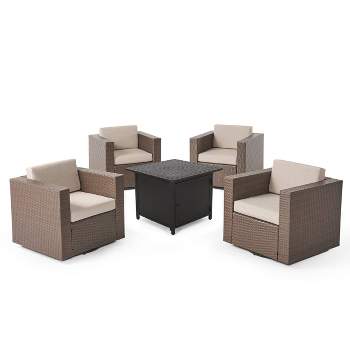 Puerta 5pc Outdoor 4 Seater Wicker Swivel Chair & Fire Pit Set - Brown/Gray/Matte Black - Christopher Knight Home