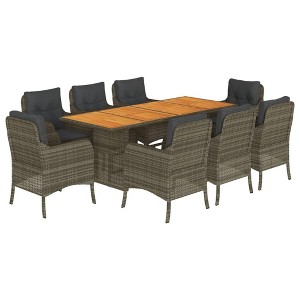 vidaXL 9-Piece Patio Dining Set - Gray Poly Rattan with Acacia Wood Table, Cushioned Chairs for Outdoor, Garden, Deck, Backyard, and Patio Use - 1 of 4