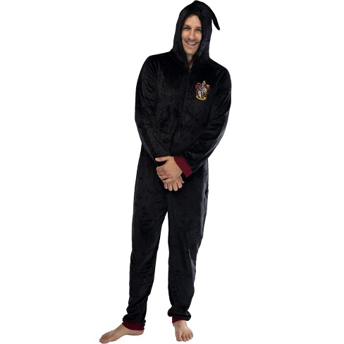 Harry Potter Adult Men's Gryffindor Hooded One-Piece Pajama Union Suit  (S/M) Black