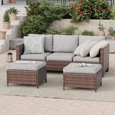 Sonkuki 3-Seater Patio Sofa Set Brown/Gray Rattan with Ottomans
