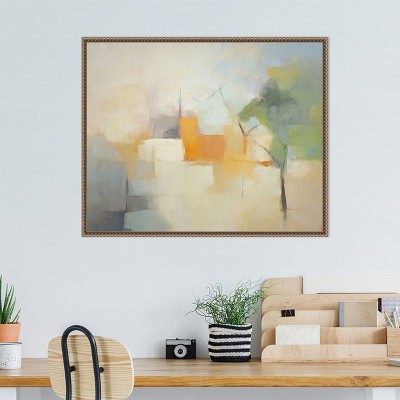 Green and Orange Abstract Landscape Canvas Art with Bronze Frame