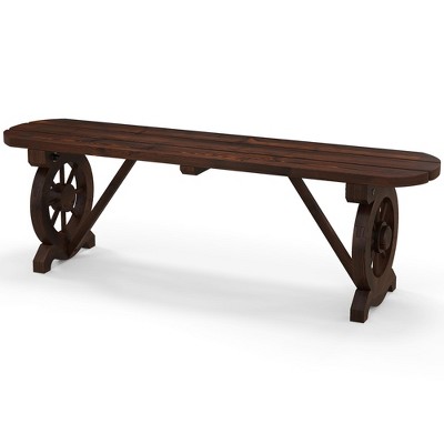 Tangkula Rustic Wood Bench w/ Wagon Wheel Base Slatted Seat Design 710 LBS Max Load Patio