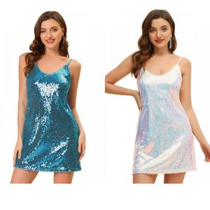 Allegra K Women's Glitter Sequin Spaghetti Strap V Neck Cocktail Sparkly Mini Dress 2 Packs - 1 of 4