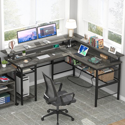 Aheaplus L Shape Computer Desk with Monitor Stand, Reversible Gaming Desk with Charge Station and LED Light