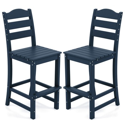 Tangkula Set Of 2 Patio HDPE Barstool Outdoor High Top Bar Chair w/Backrest & Footrest All-Weather Wood-Plastic Bar Height Chair Navy