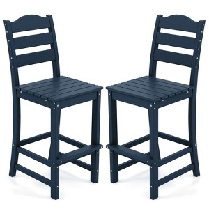 Tangkula Set Of 2 Patio HDPE Barstool Outdoor High Top Bar Chair w/Backrest & Footrest All-Weather Wood-Plastic Bar Height Chair Navy - 1 of 4