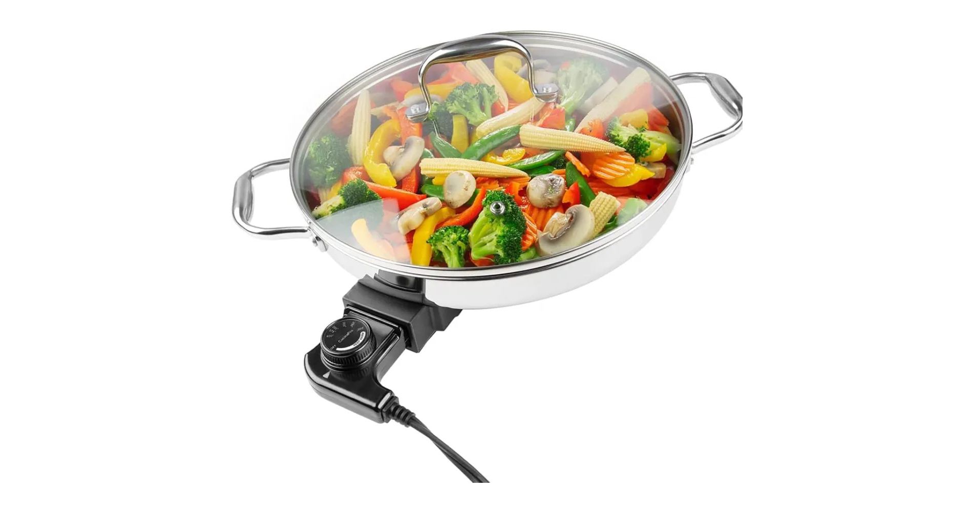 Electric Skillet - 18/10 Stainless Steel Frying Pan with Tempered Glass Lid and Handles, 12" Round, Includes Recipe Guide, Great for Parties