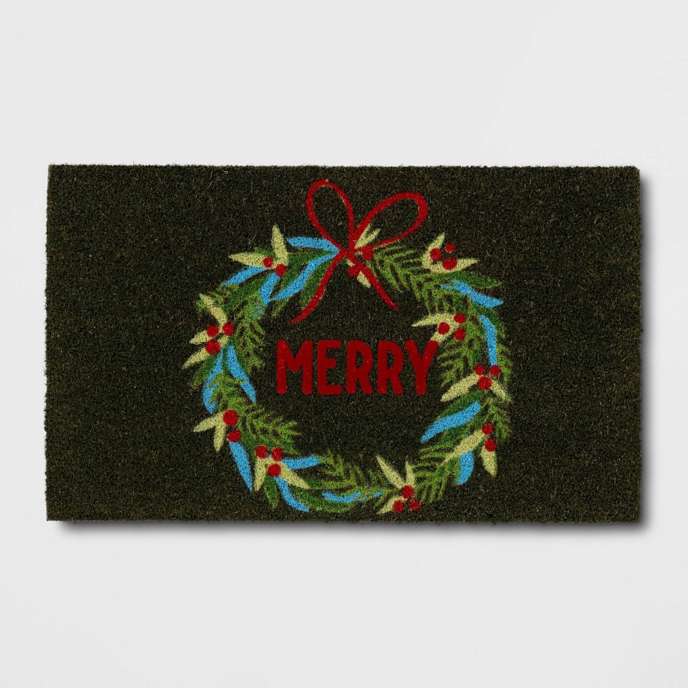 Photos - Doormat 1'6"x2'6" Christmas 'Merry' Wreath Flocked Coir  Red/Green - Wonder