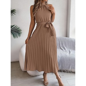 Women's Summer Sleeveless Halter Neck Pleated Midi Cocktail Dresses A Line Flowy Beach Sun Dress with Belt - 1 of 4