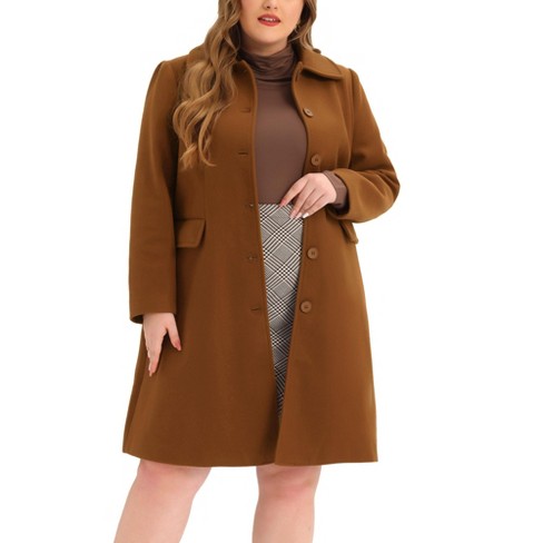 Agnes Orinda Women's Plus Size Peter Pan Collar Single Breasted Long Pea  Coat Brown 3X