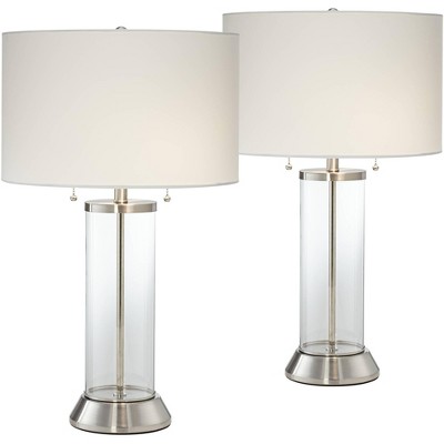 Possini Euro Design Coastal Table Lamps 26.5" High Set of 2 with USB and AC Power Outlet in Base Glass Column Drum Shade for Living Room