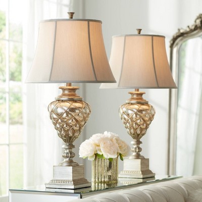 Luke Traditional Silver Mercury Glass Table Lamps Set with Off-White Fabric Shades