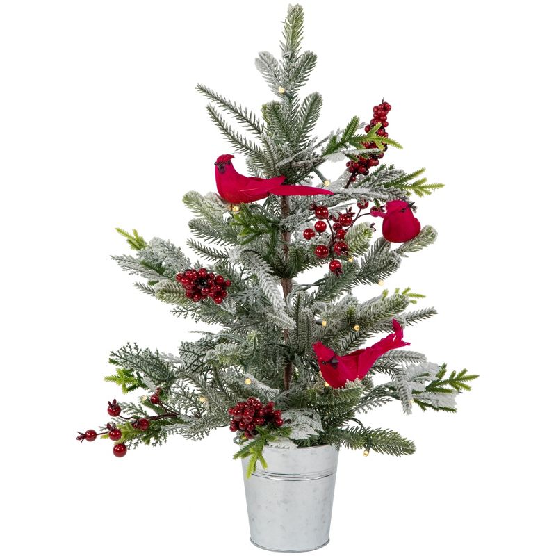 Northlight Pre-Lit LED Frosted Mixed Pine with Cardinals Potted Christmas Tree - 2' - Warm White Lights, 1 of 9