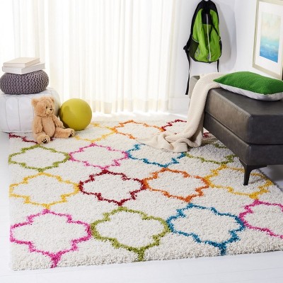 Ivory and Multicolor Geometric Shag Wool Kids 4' x 6' Rug