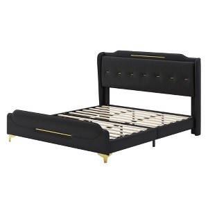 CAVINAS Wingback Bed Frame with Headboard & Footboard,PU Leather Upholstered Platform Bed with Gold Metal Decor for Bedroom - 1 of 4