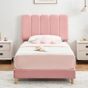 Modern Twin Platform Bed Frame for Small Spaces, Velvet Upholstered Twin Bed with Headboard, No Box Spring Needed, Easy Assembly, Pink - 1 of 4