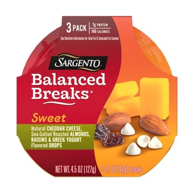 Sargento Sweet Balanced Breaks Natural Cheddar Cheese, Sea-Salted Roasted Almonds, Raisins and Greek Yogurt Flavored Drops - 4.5oz/3ct
