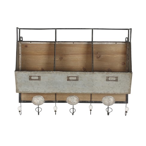 Wall Shelf Tin with 3 Hooks Gray