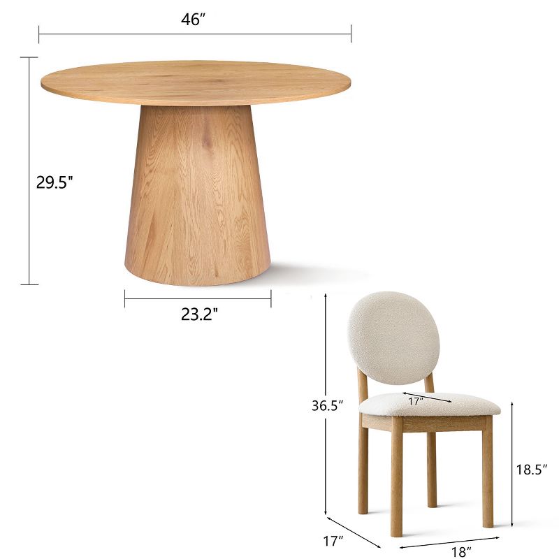 Dwen+Maye 5 Piece Round Dining Set,46" Manufactured Grain Upholstered Boucle Dining Chair with King Louis Back and Natural Wood Legs-Maison Boucle‎, 5 of 10