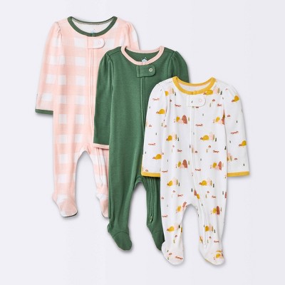Baby Girls' 3pk Forest Love Zip-Up Sleep N' Play - Cloud Island™ Olive Green 0-3M