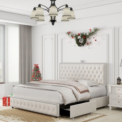 Okak Platform Bed Frame Upholstered Bed with Adjustable Height Headboard and USB Charger Music Speaker Star Projector 4 drawers Noise-Free