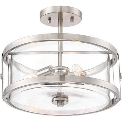 Possini Euro Design Modern Ceiling Light Semi Flush Mount Fixture Brushed Nickel 13 3/4" Wide Drum Clear Glass for Bedroom Kitchen