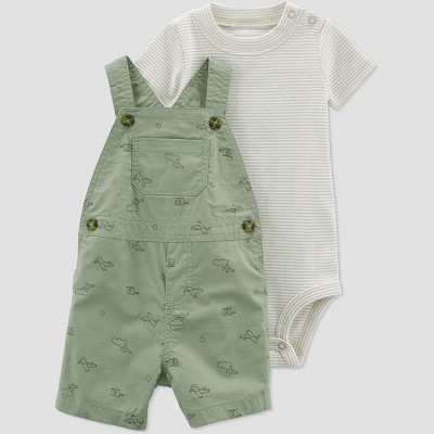 Image of Carter's Just One You®️ Baby Boys' Airplanes Shortalls Top and Bottom Set - Sage Green Newborn
