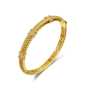 14K Gold-Plated Bangle Bracelet with Cubic Zirconia and a 3D Textured Design, offering a blend of intricate detail and sparkling elegance. - 1 of 2