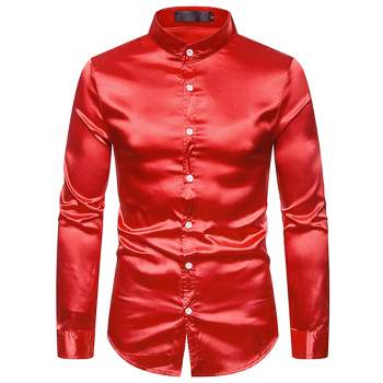 Lars Amadeus Men's Long Sleeves Band Collar Button Down Solid Prom Satin Shirts