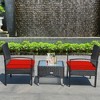 Tangkula 3 PCS Patio Wicker Rattan Furniture Set Coffee Table & 2 Rattan Chair w/ Cushion Red - 2 of 4