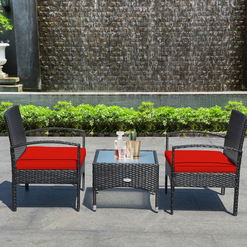 Tangkula 3 PCS Patio Wicker Rattan Furniture Set Coffee Table & 2 Rattan Chair w/ Cushion Red, 2 of 9