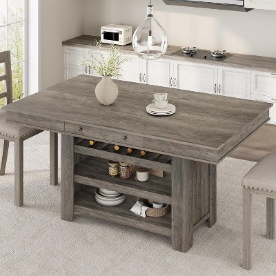 60" Farmhouse Counter Table - Seats 6 with Wine Rack & Shelves, Thick Top for Kitchen & Dining