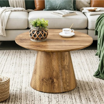 Natural Wood Round Coffee Table,Coffee Table With Natural Wood Grain MDF Tabletop And Wood Base,MDF Coffee Table-Cuddlewood