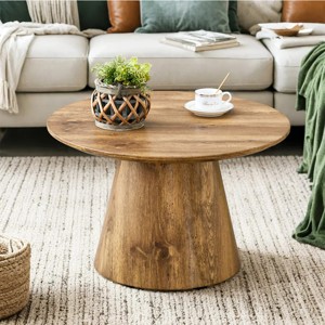 Natural Wood Round Coffee Table,Coffee Table With Natural Wood Grain MDF Tabletop And Wood Base,MDF Coffee Table-Cuddlewood - 1 of 4