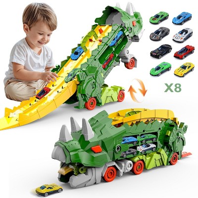 Skirfy Dinosaur Transport Truck Toy with 8 Metal Cars, 3-in-1 Dino Hauler with Sliding Race Tracks, Transforms into Triceratops, Green