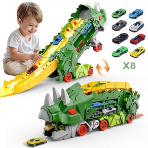Skirfy Dinosaur Transport Truck Toy with 8 Metal Cars, 3-in-1 Dino Hauler with Sliding Race Tracks, Transforms into Triceratops, Green - 1 of 4