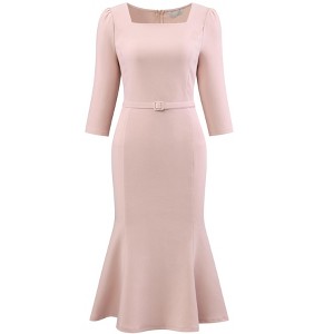 Hobemty Women's Elgant Fishtail Square Neck Belted 3/4 Sleeve Work Mermaid Dress - 1 of 4