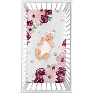 Sweet Jojo Designs Girl Photo Op Fitted Crib Sheet Watercolor Floral  Red Pink and Grey - 1 of 4