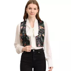 Allegra K Women's Floral Pattern Button Closure Satin Waistcoat Vest Black Large