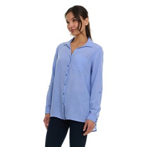 Super Triple Goose Women’s Linen Long Sleeve Button-Down Shirt – Lightweight Casual Collared Top with Pocket - 1 of 4