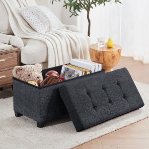 Ornavo Home Foldable Tufted 30 Inch Linen Bench Storage Ottoman with Legs for Bedroom, Entryway and Living Room - 1 of 4