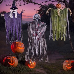 Fun Little Toys 3Pack Halloween Decorations - Outdoor Hanging Decoration with 35.4' Hanging Ghost, Witch, Grim Reaper & Ghost Pumpkin - 1 of 4