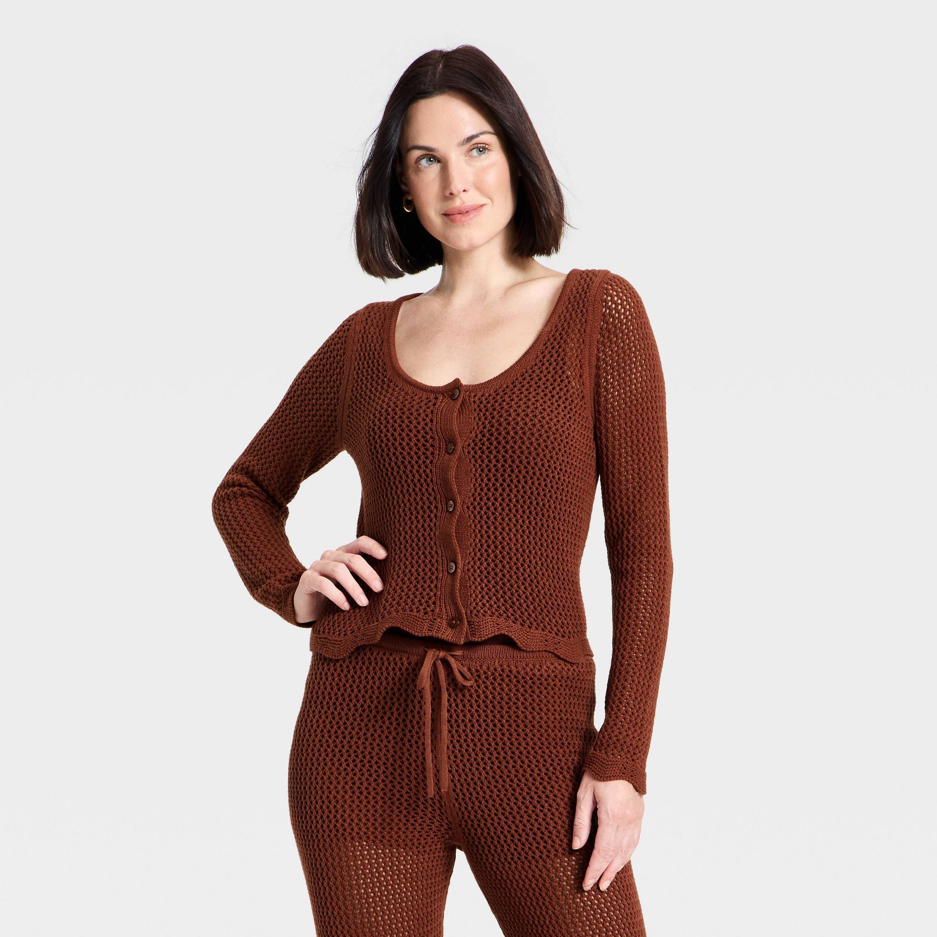 Women's Long Sleeve Button-Up Scalloped Hem Crochet Cardigan Sweater - A New Day™ Brown